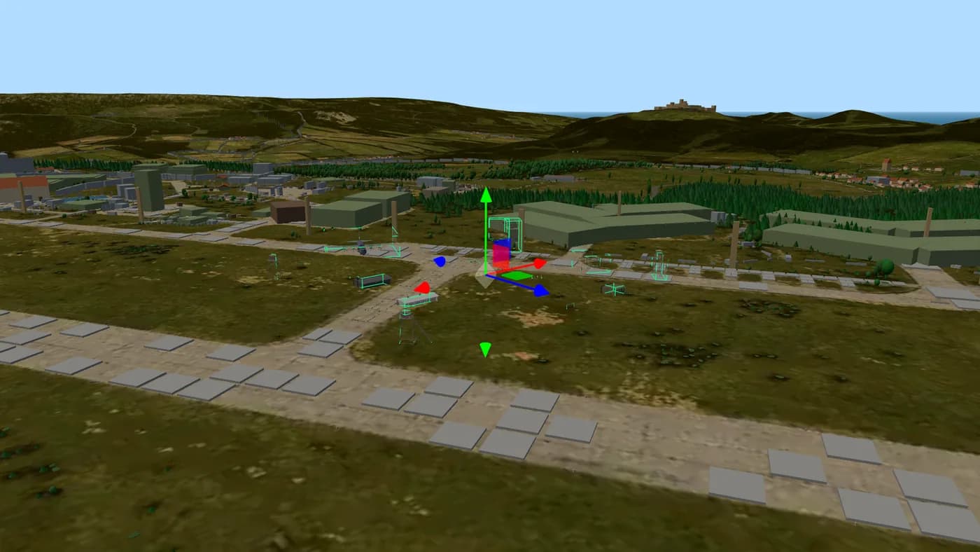 DayZ-Map-Editor: das Nordwest-Flugfeld von Chernarus in 3D mit einem gesetzten Militärlager und dem Ziehgriff am ausgewählten Objekt