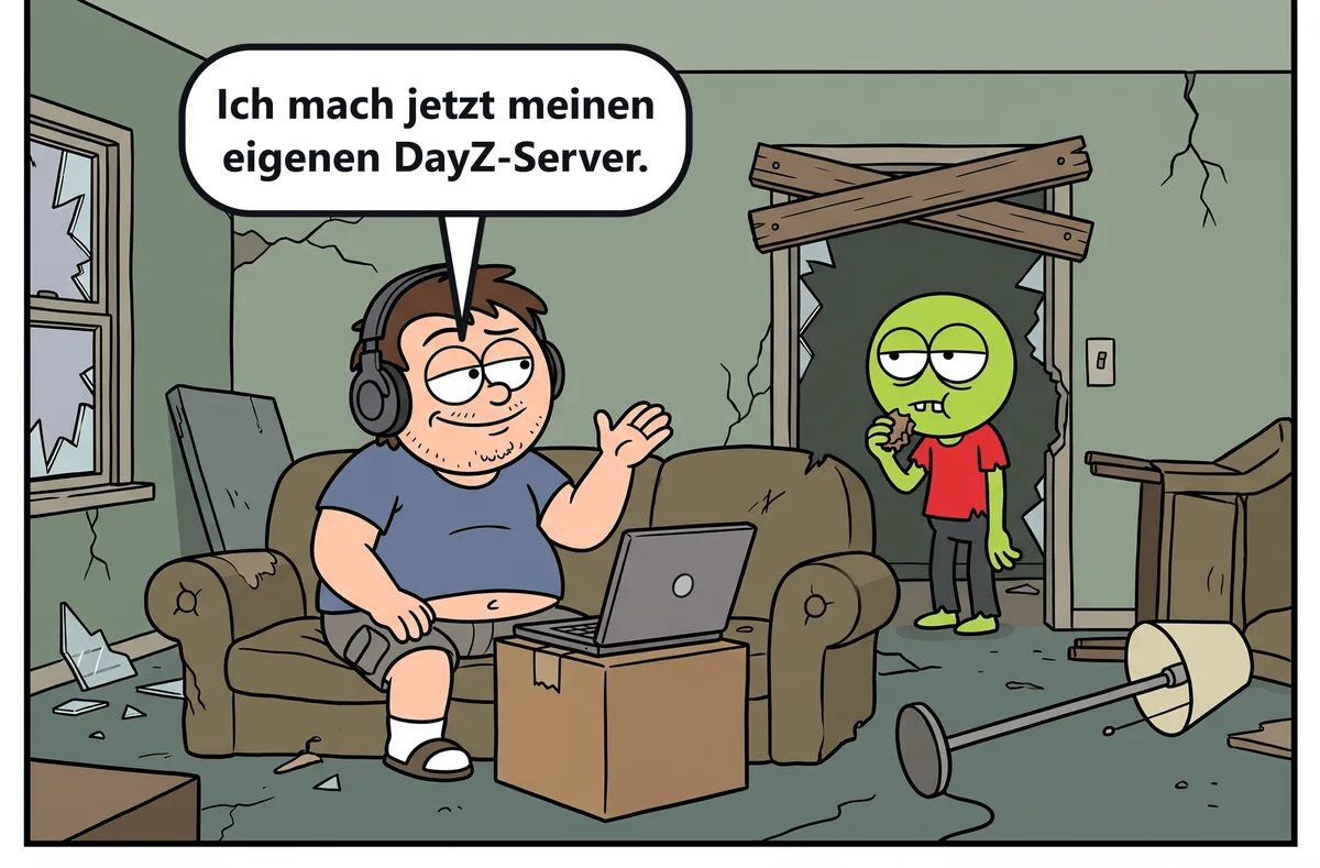 Kevin sitzt im verwüsteten Wohnzimmer am Laptop und kündigt seinen eigenen DayZ-Server an. Zed steht im Türrahmen und kaut.