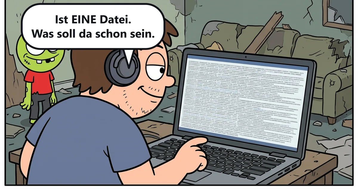 Blick über Kevins Schulter auf den Bildschirm: eine endlose Textdatei voller Konfigurationszeilen.