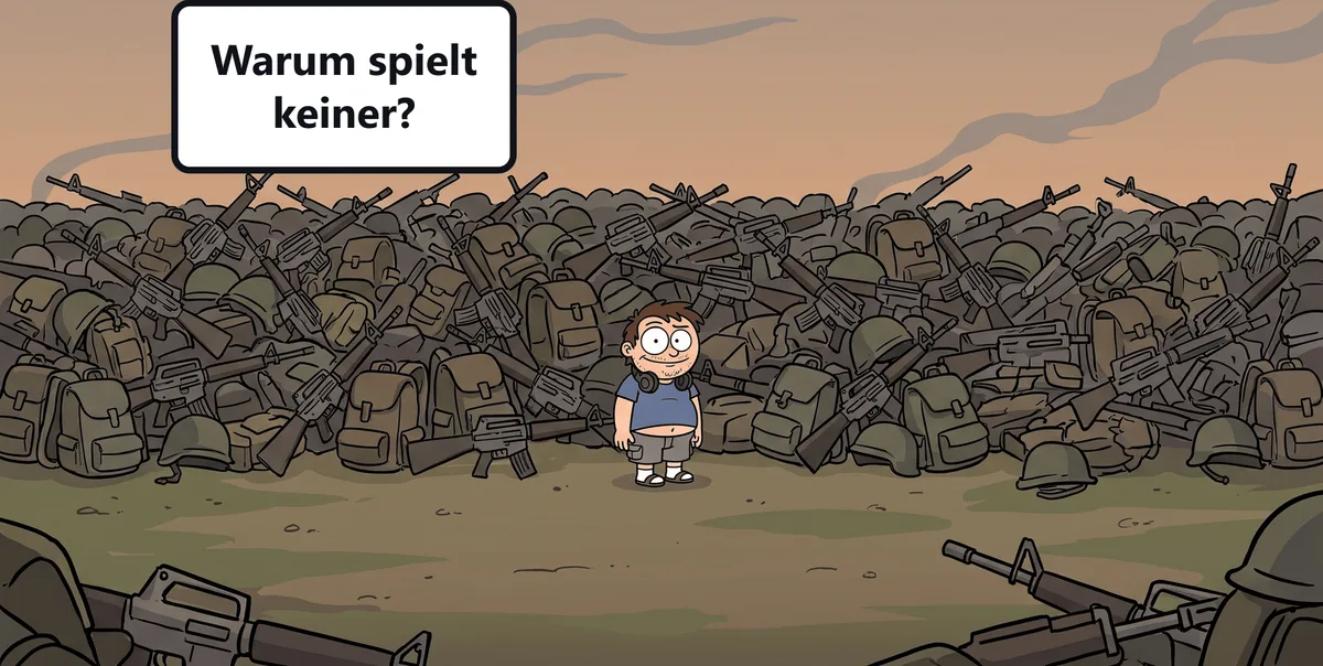 Ein leeres Feld, darauf ein riesiger Berg aus hunderten identischen Waffen. Ein einzelner Spieler steht ratlos mittendrin.