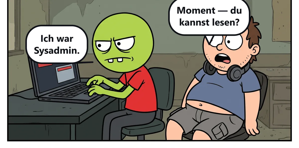 Zed hat den Laptop übernommen und tippt. Kevin schaut ihn fassungslos an.