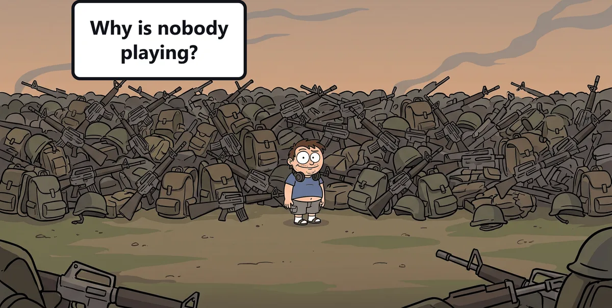 An empty field with a huge pile of hundreds of identical rifles. A single player stands in the middle, lost.