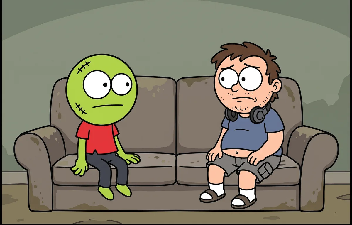 Zed and Kevin sit side by side on the couch, staring at each other without a word.