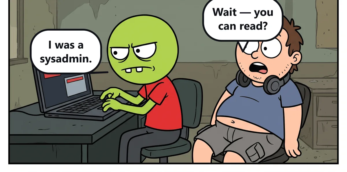 Zed has taken over the laptop and is typing. Kevin stares at him in disbelief.